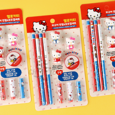 헬로키티 피규어 연필 보호캡 연필깎이 세트